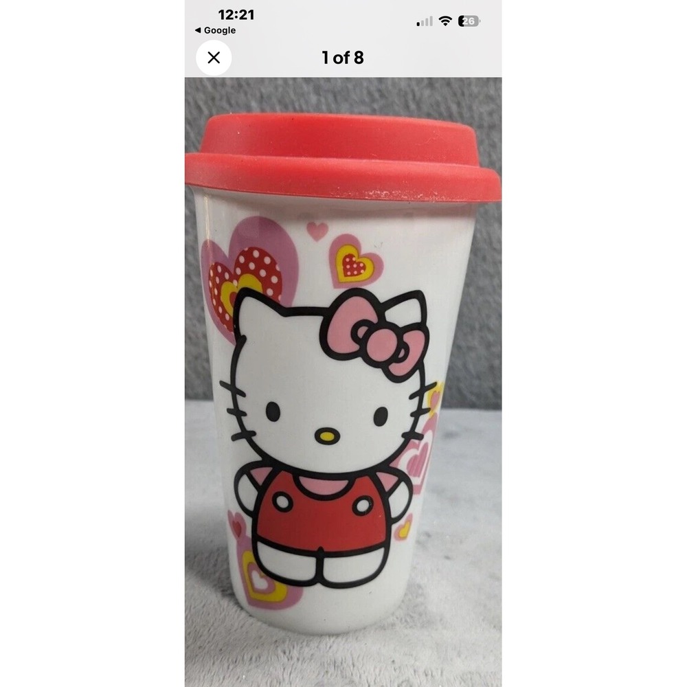Sanrio Hello Kitty Ceramic Travel Mug with Red Silicone Lid Vandor 2012 White6"‎